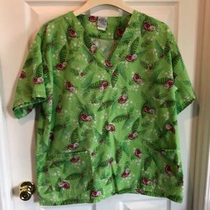 Happy Scrubs by UA XL Unixsex Scrub Top Green Leaf with Lady big Print 2 pockets